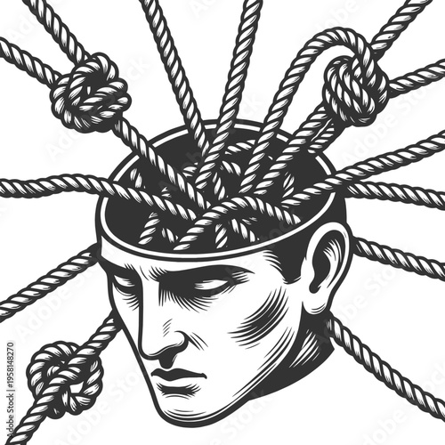 human head filled with tangled ropes, mental confusion, stress, limitation, and psychological entrapment sketch engraving generative ai vector illustration. Scratch board imitation. Black and white.