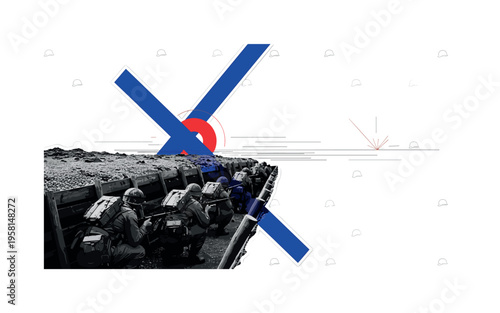 Black and white retro-style trench interior with soldiers crouched low, bold blue diagonal bar crossing the composition for dynamic tension, red circular
