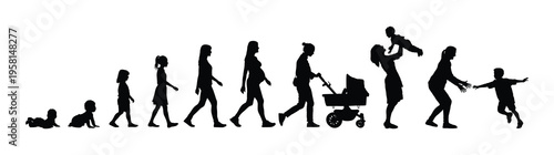 Female life cycle from baby to becoming mother as parent vector side view silhouette set vector illustration collection.