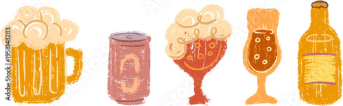 Chalk textured vector illustration of beer drinkware and containers with rustic, artistic hand drawn aesthetic. Mug, pilsner glass, chalice, aluminum can, and glass bottle.