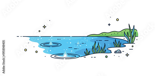 Bioluminescent lagoon calm water surface dotted with small glowing ripples and luminous aquatic plants along the shore. A tranquil editorial badge illustrating