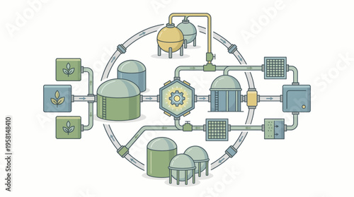 Industrial process system with interconnected components and pipelines.