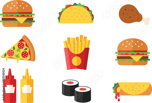 Fast food set with burger taco pizza fries sushi and sauces cartoon vector illustration collection