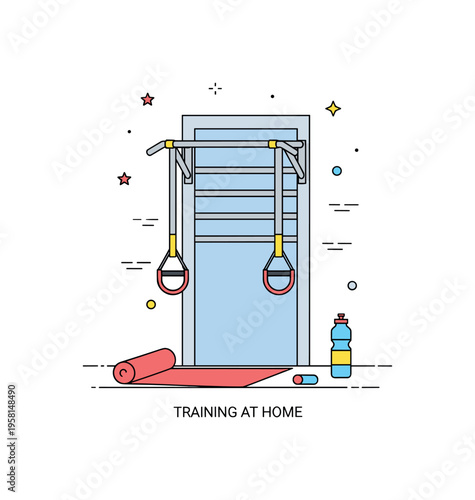 Home workout setup compact pull up bar installed in a doorway with a small mat and water bottle nearby, conveying accessible fitness routine. A clean badge