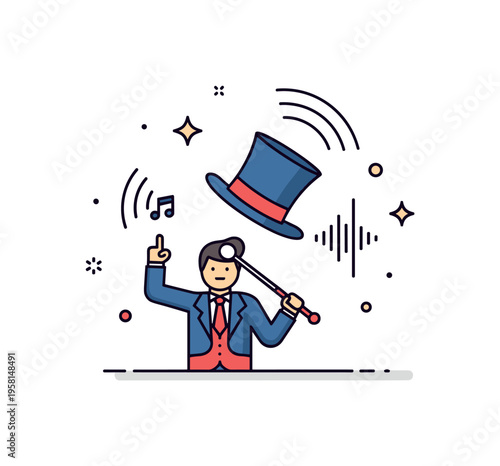 Ringmaster musical moment shown by a top hat and baton with subtle sound wave lines, symbolizing show opening fanfare and theatrical flair. The badge style