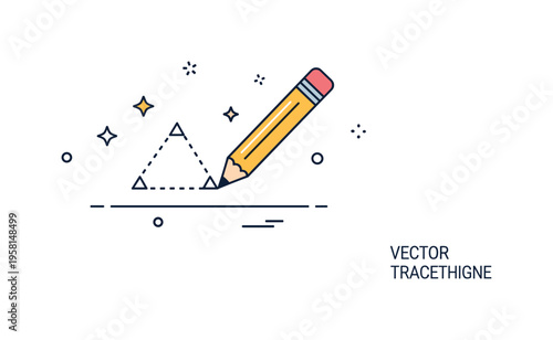 Drawing trace technique a pencil recreating a simple geometric shape by following a faint dotted outline while small sparkles suggest focus and creative