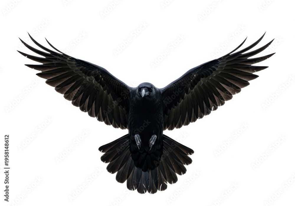 Fototapeta premium A majestic black raven with its wings spread wide in flight, isolated on white background