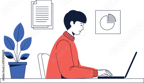 Man working on laptop at desk with documents and charts modern office workspace productivity vector illustration