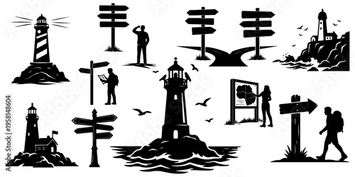 Lighthouse and navigation silhouettes set. People traveling with maps and signposts near the sea coast isolated