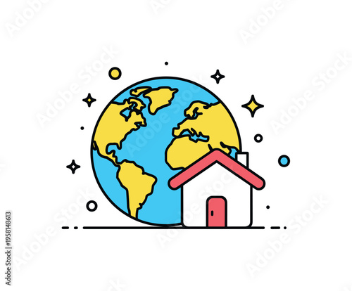 Global resident identity theme featuring a simplified globe combined with a small home silhouette, symbolizing international relocation and multicultural
