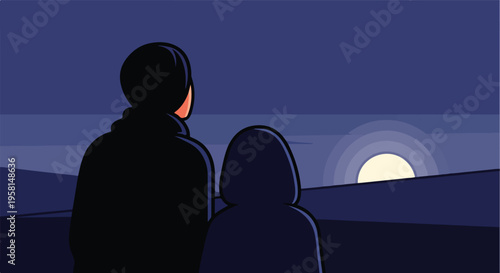 Two silhouetted figures gaze at a stylized sunset over a serene landscape
