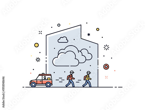 Smoke simulation practice light gray cloud shapes inside a building outline with figures calmly moving away. A compact editorial illustration about realistic