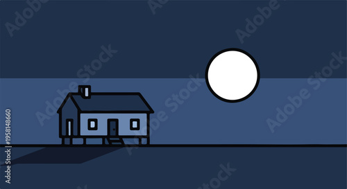 A simple drawing of a small house under a large full moon at night