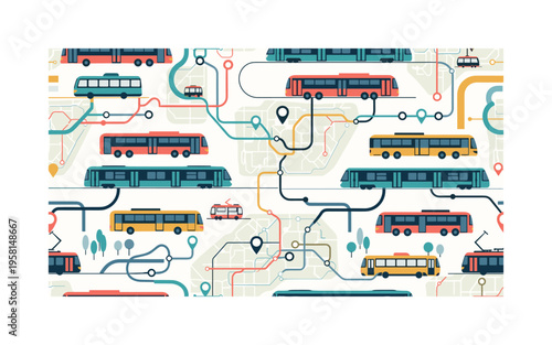 public transportation networks with buses, metro trains, trams and route maps arranged in urban composition, seamless pattern, repeating pattern, surface