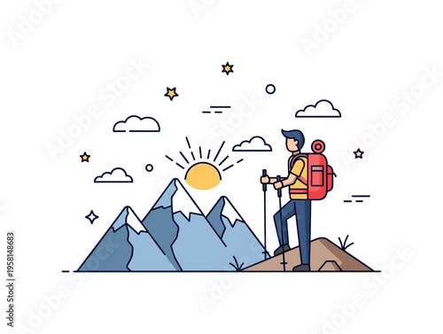 Mountain trekking lifestyle a cheerful hiker standing on a ridge with trekking poles while distant mountains and a rising sun represent freedom and active