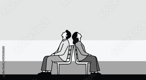 Two people sit back-to-back on chairs, looking upwards against a gradient background