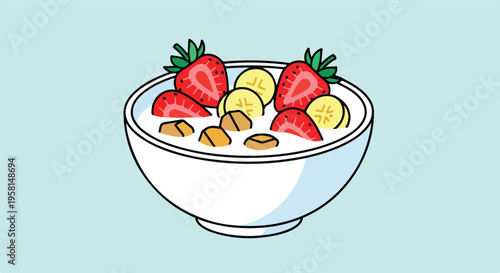 A simple illustration of a white bowl filled with yogurt, strawberries, banana slices, and granola