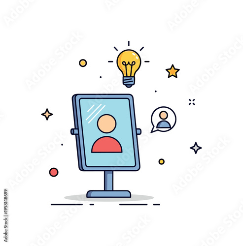 Self reflection process mirror reflecting a simplified figure with a small light bulb above, expressing insight and awareness. A thoughtful icon scene about