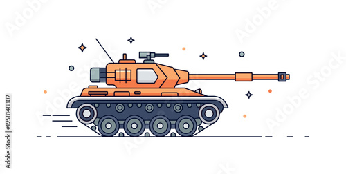 Tracked battle vehicle a stylized army tank with thick tracks and a long cannon forming a bold visual metaphor of armored defense technology. Minimalist flat