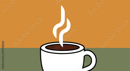 A simple graphic illustration of a steaming cup of coffee against a two-tone background