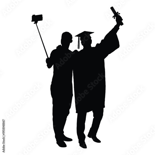 Graduate young man taking selfie with his friend using stick selfie black silhouette isolated on white background flat vector illustration.