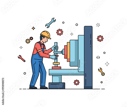 Worker tightening bolts on a large factory machine with small decorative icons like wrenches and gears, highlighting safety protocols and regular maintenance