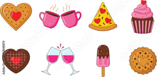 Romantic food icons set with cookies cupcakes pizza wine and coffee love theme cartoon vector illustration