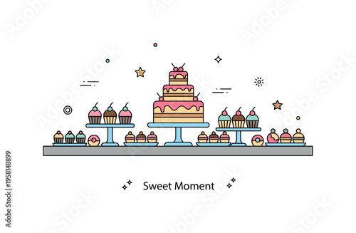 Dessert table arrangement featuring a tiered cake at the center surrounded by cupcakes and small pastries in a festive display. A subtle ?Sweet Moment? caption