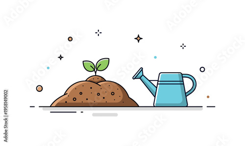 Soil mound gardening concept a neat mound of fresh soil with a small seedling sprouting from the top while a watering can sits nearby representing planting and
