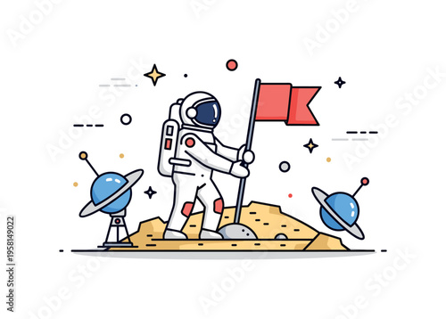 Astronaut planting a flag on a new planetary surface with instruments nearby, symbolizing exploration, achievement, and the human drive to discover. Minimalist