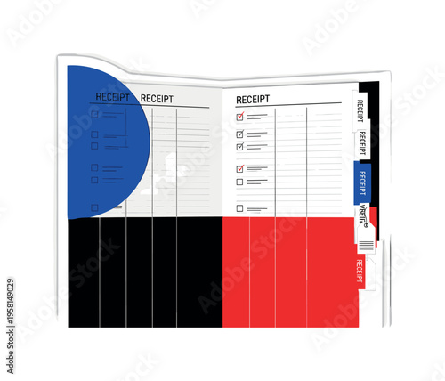 Black and white top view of open receipt holder with categorized tabs, bold blue semi-circle intersecting upper corner, red geometric blocks forming structured