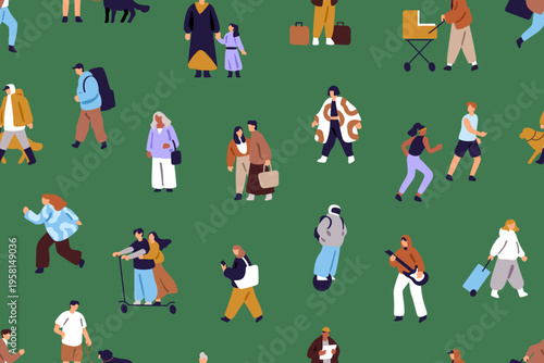 Repeatable pattern of different tiny people strolling on green lawn. Endless background of men and women walk dogs in park. City characters ride, cycling on street. Flat seamless vector illustration
