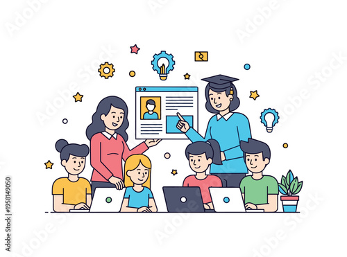 Teachers and students using educational technology with students collaborating on a shared digital project, showing teamwork, creativity, and