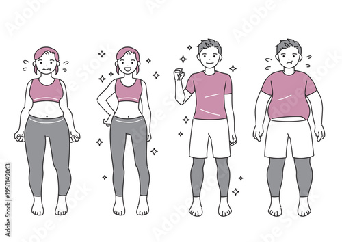 ダイエット・痩せた男性と女性のイラスト　ビフォーアフター