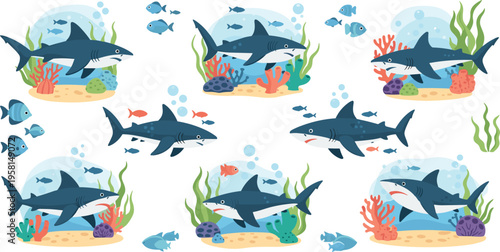 Sharks underwater set with coral reef and ocean fish, marine wildlife scenes flat vector illustration collection for aquatic nature design