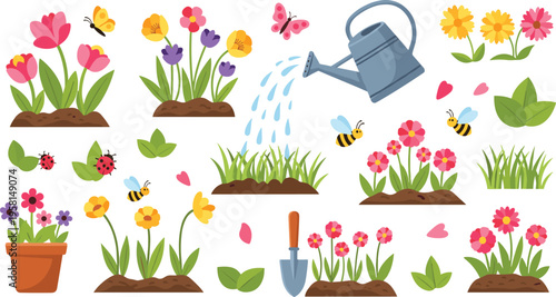 Spring gardening set with flowers watering can bees and plants, colorful garden elements and tools flat vector illustration collection for nature design