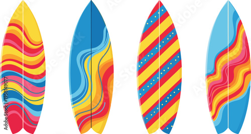 Bright surfboards collection with colorful wave patterns summer beach surfing equipment modern vector illustration set