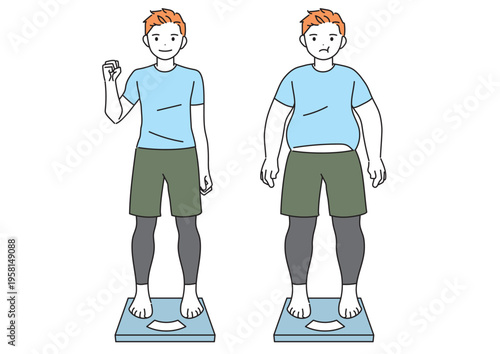 ダイエット・痩せた男性が体重計に乗るイラスト　ビフォーアフター