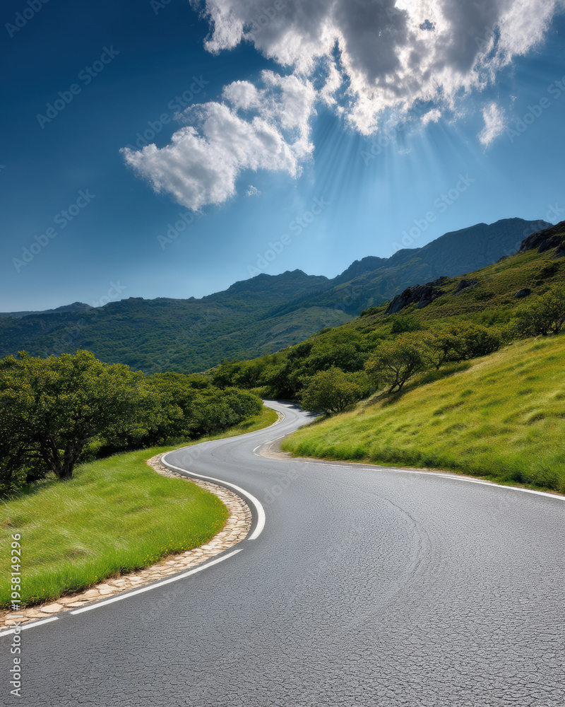 Naklejka premium Curved asphalt road mountain green grass blue sky sunlight scenic outdoor summer nature peaceful landscape