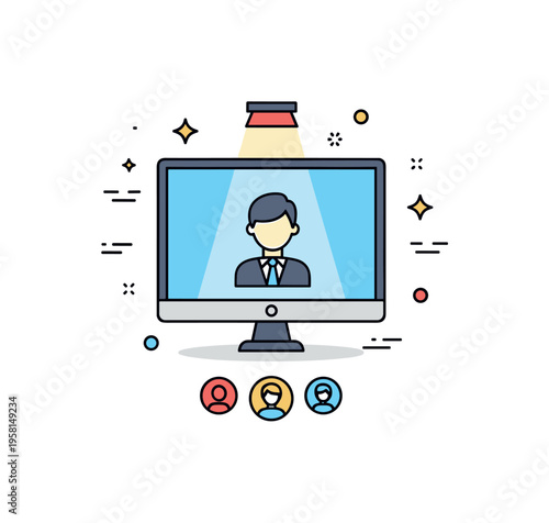 Virtual keynote presentation illustration showing a highlighted speaker silhouette on screen with subtle spotlight accent and small audience icons below,