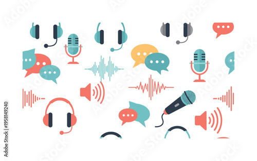 voice practice symbols microphones headphones sound waves and speaking icons stylized as modern learning motifs, flat vector smooth rounded geometry, saturated