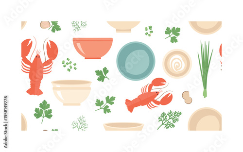 lobster soup ingredients lobster claws cream swirl herbs and bowls arranged as decorative cooking motifs, flat vector smooth rounded shapes, saturated modern