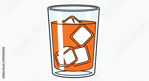 A clear glass filled with orange liquid and ice cubes