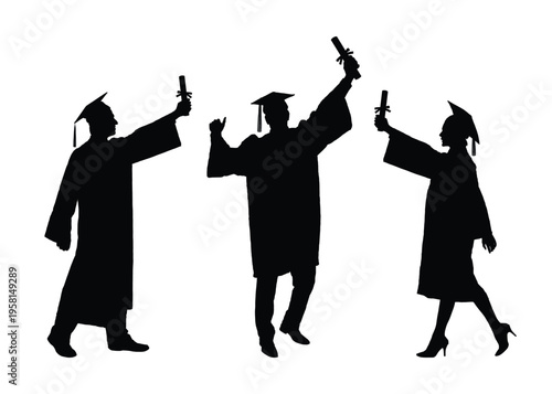 Graduated college friends holding diplomas various poses black silhouette on white background flat vector illustration.