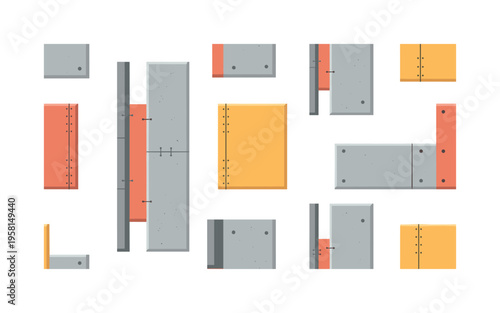 raw concrete architecture panels seams rivets and construction joints stylized as modern minimal motifs, flat vector rounded forms, bright modern palette with