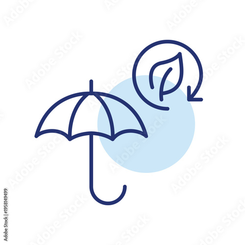 Umbrella, leaf and renew arrow. Sustainable coverage, insurance and eco-friendly protection. Pixel perfect, editable stroke vector icon