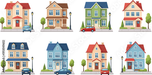 Suburban houses collection with colorful residential buildings and street elements, modern family homes flat vector illustration set for real estate design