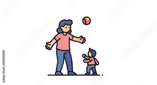 Parent and child play catch with a ball, simple flat illustration