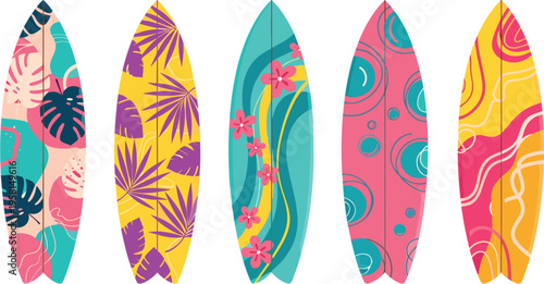 Colorful surfboards collection with abstract tropical patterns summer beach surfing equipment vector illustration set