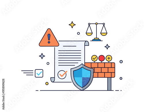 Business risk mitigation concept built around a contract shielded by a protective barrier icon, with subtle warning and check symbols illustrating proactive